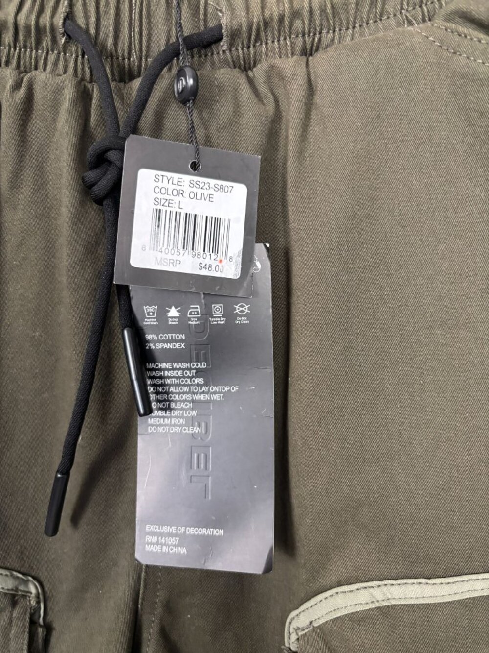 Decibel Mens Olive Green Front Cargo Pocket Shorts Drawstring Waist Large NWT's. - Picture 7 of 8